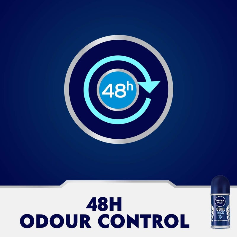 NIVEA MEN Deodorant Roll-on, 48h Protection, Cool Kick Fresh Scent, Pack of 3 (50ml each) - Image 5